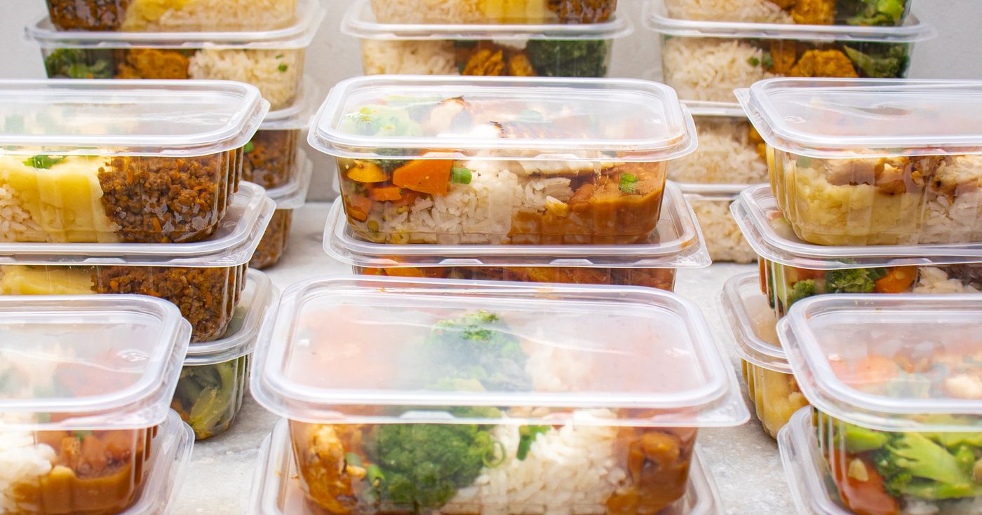 Prepared balanced meals with rice and vegetables