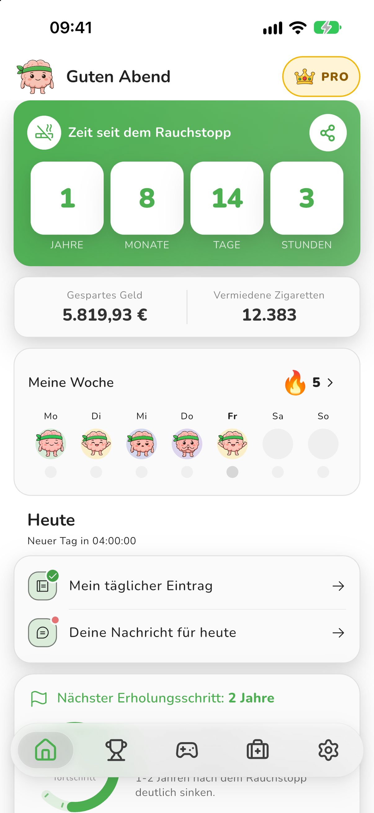 Startbildschirm von Rauchfrei: Nichtraucher App mit rauchfreier Zeit, gespartem Geld und nicht gerauchten Zigaretten