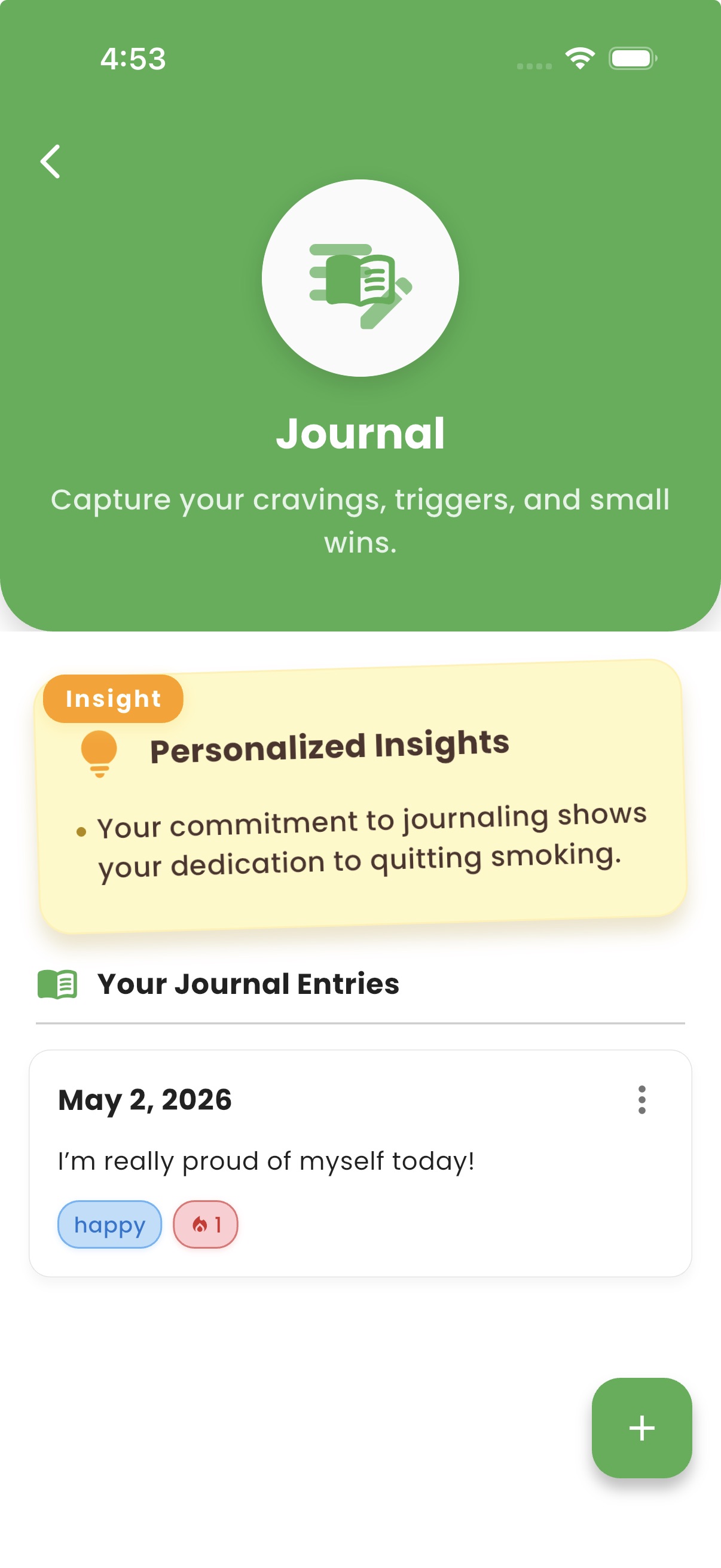 A quiet journal for triggers and small wins. screen