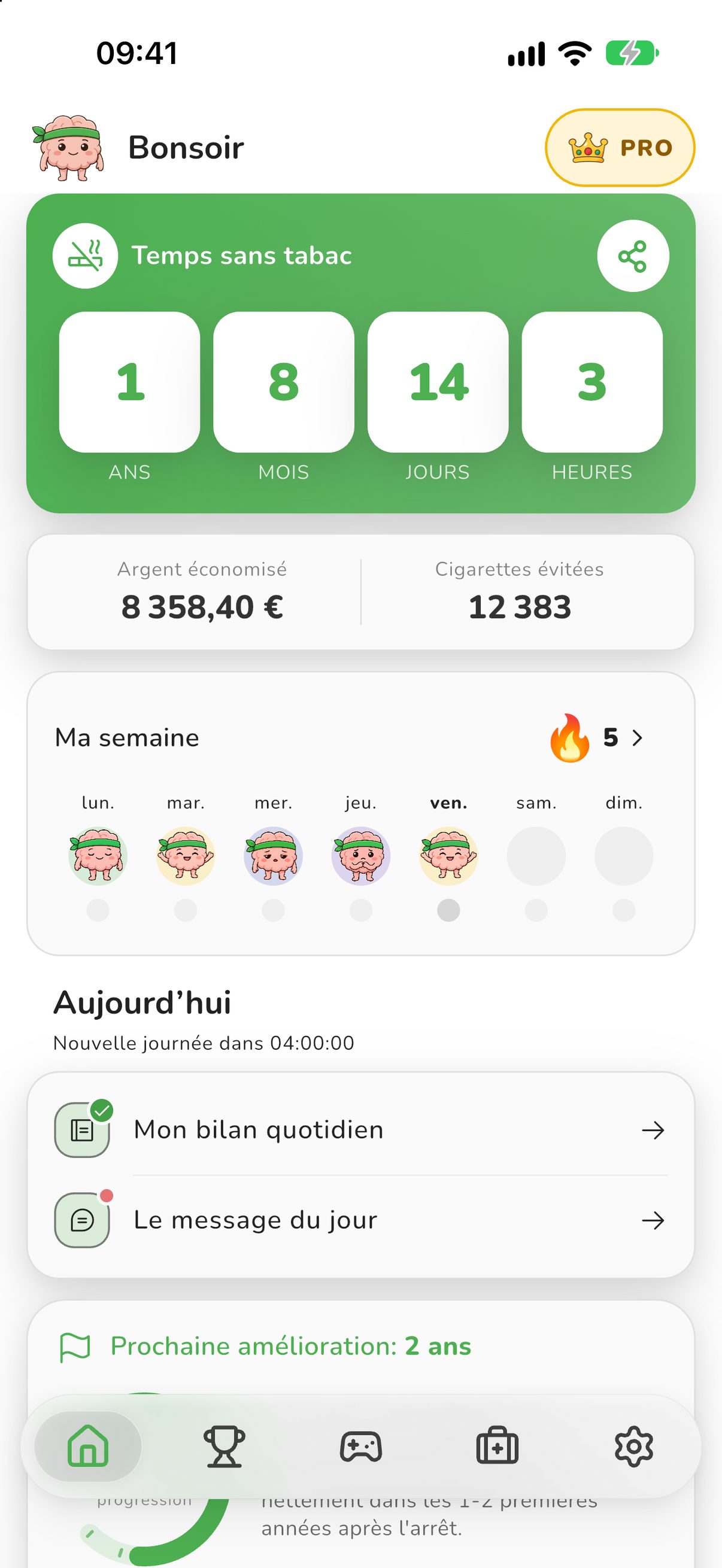 Écran d’accueil d’Arrêter de Fumer : Compteur avec le temps sans tabac, l’argent économisé et les cigarettes non fumées