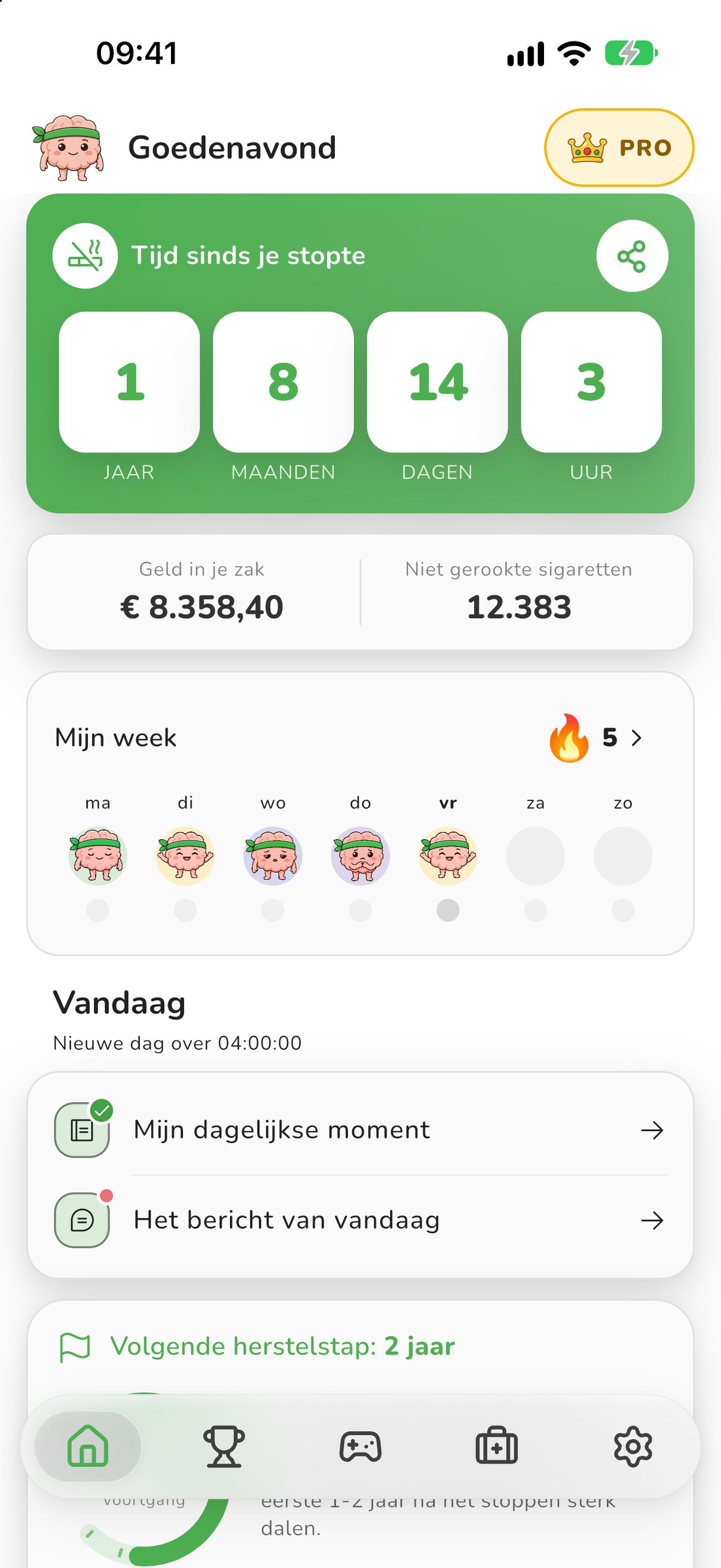 Startscherm van Stoppen met roken: Teller met de rookvrije tijd, het bespaarde geld en de niet-gerookte sigaretten