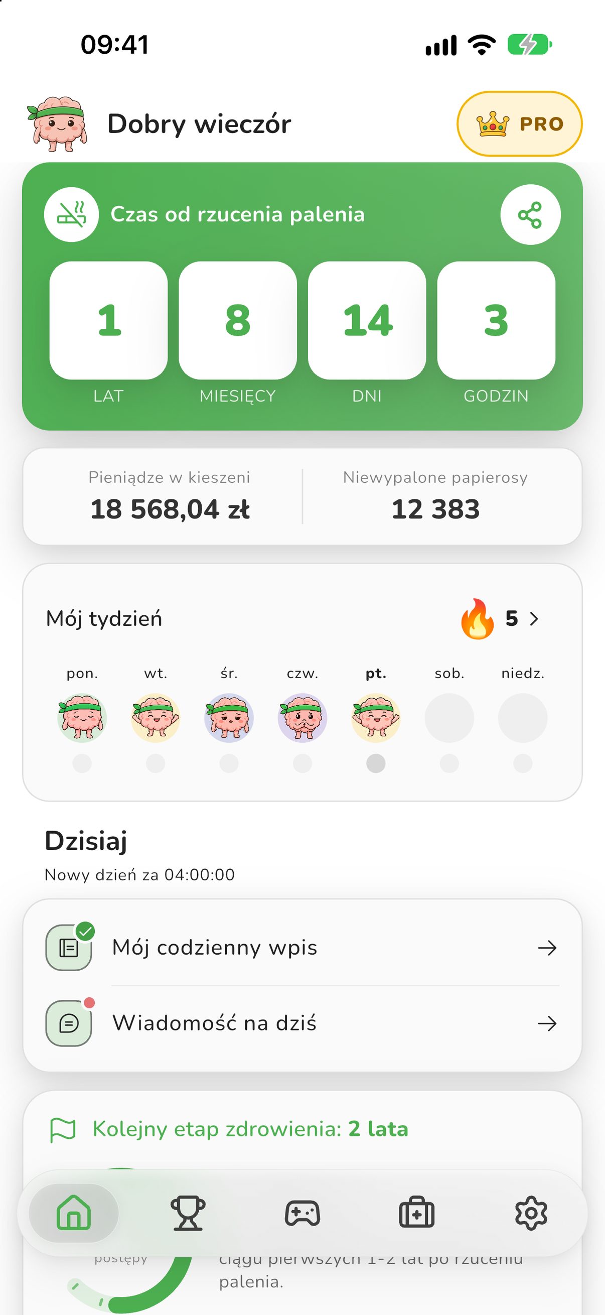 Ekran główny aplikacji Rzuć Palenie: Licznik z czasem bez papierosów, zaoszczędzonymi pieniędzmi i niewypalonymi papierosami