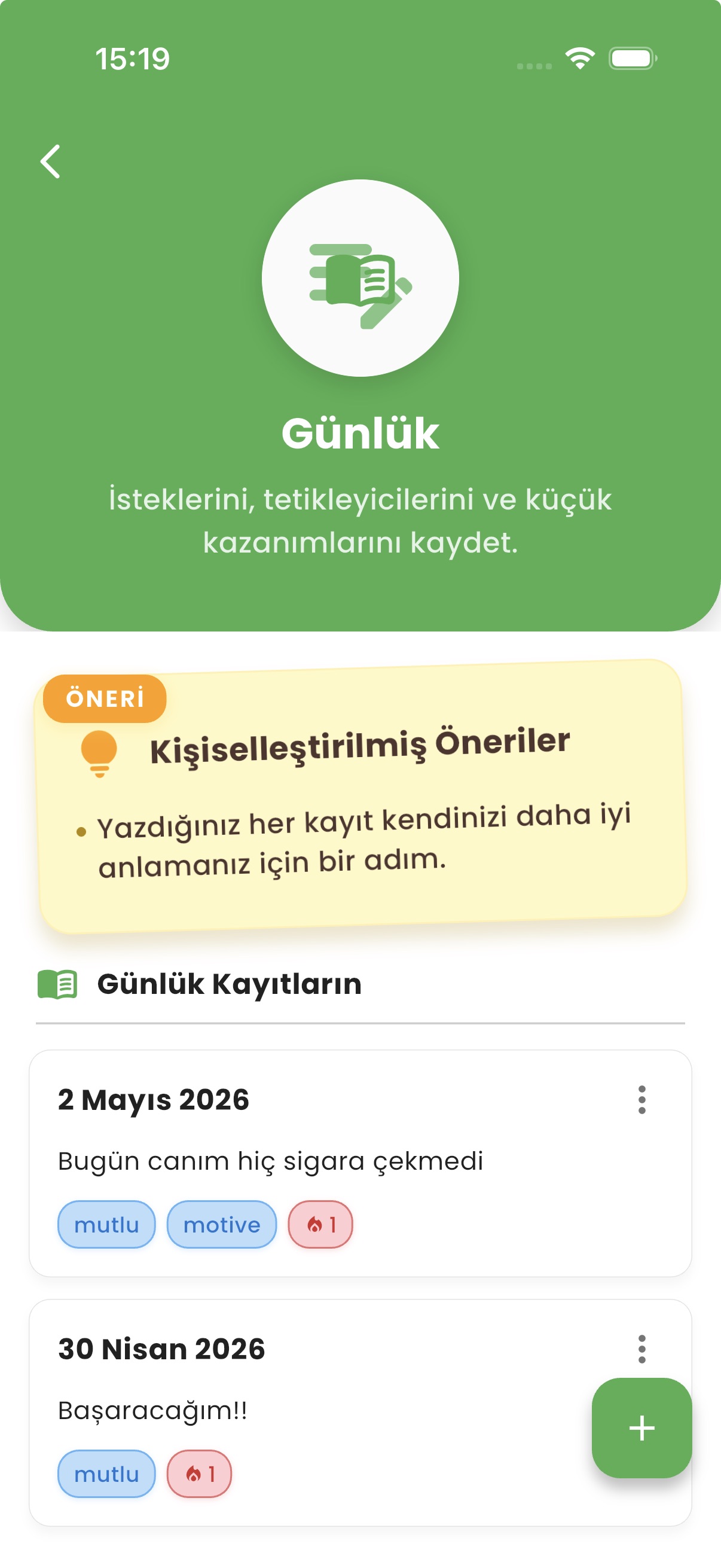 Tetikleyiciler ve küçük zaferler için sade bir günlük. ekranı
