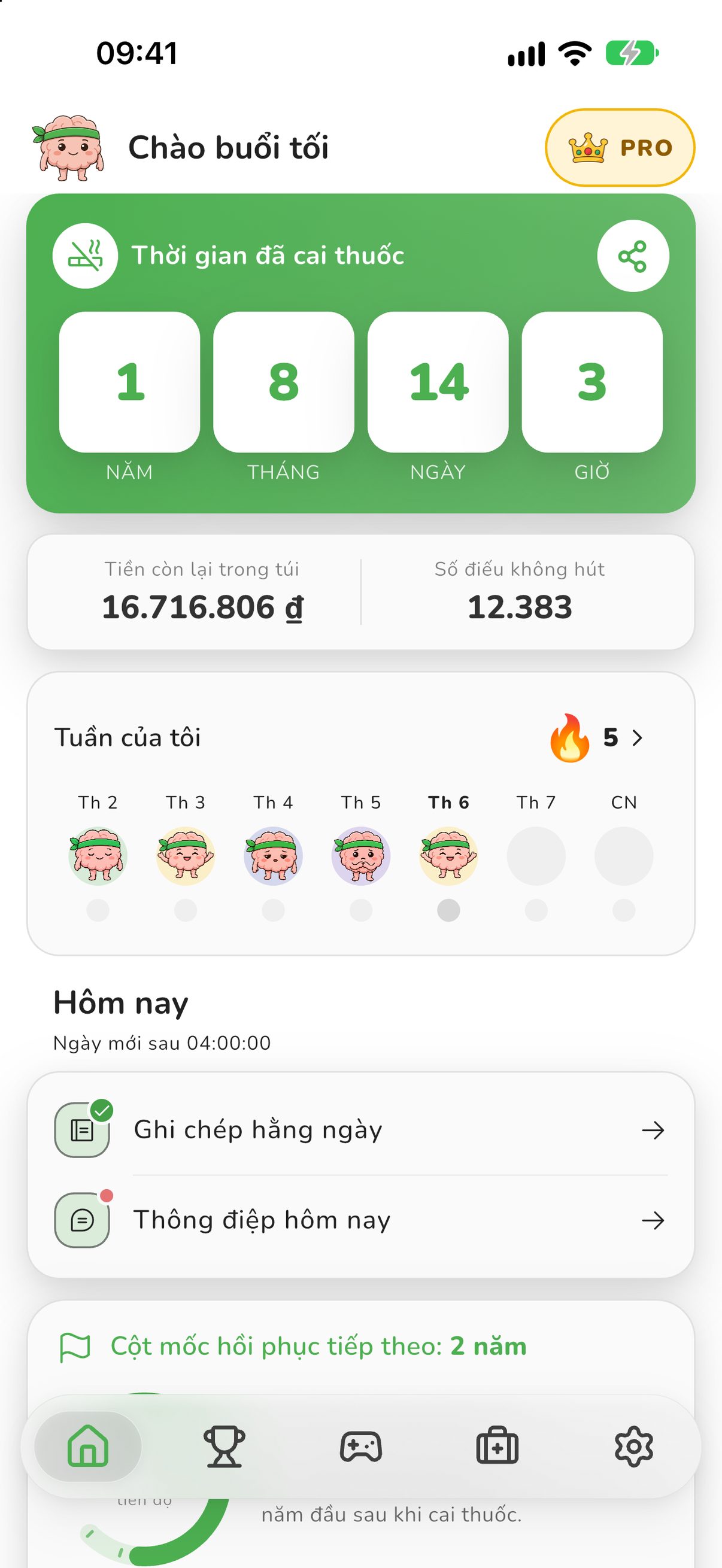Màn hình chính của Cai Thuốc Lá: Bộ Đếm với thời gian không hút thuốc, số tiền tiết kiệm và số điếu thuốc chưa hút